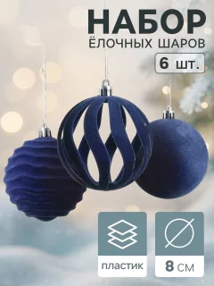 Набор шаров новогодних Зимнее волшебство Бархат. Грация / 10870265 (6шт, синий) — фото 2