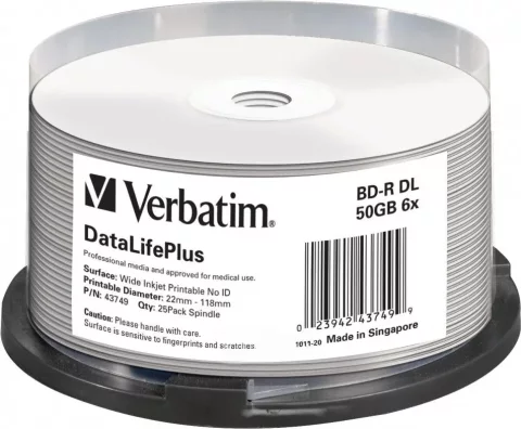 Набор дисков BD-R Verbatim Dual Layer Printable CakeBox 50GB 6x / 43749 (25шт)