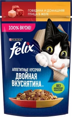 Влажный корм для кошек Felix Аппетитные кусочки. Двойная вкуснятина гов. и дом. птица в желе (75г) — фото 1