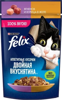 Влажный корм для кошек Felix Аппетитные кусочки. Двойная вкуснятина ягненка и курицы в желе (75г) — фото 1
