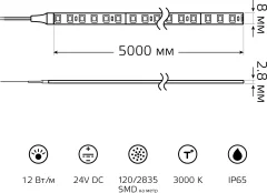 Светодиодная лента Gauss LED 2835/120 24V 10W/m 1400lm/m 3000K 8mm IP65 / 23637432010 (5м) — фото 8