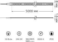 Светодиодная лента Gauss LED 2835/180 24V 16W/m 1800lm/m 6500K 8mm IP20 / 23637052014 (5м) — фото 8