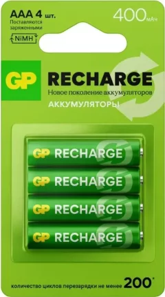 Комплект аккумуляторов GP Batteries Recharge AAA NiMH 400mAh GP 40AAAHCV-2CRSBC4 (4шт) — фото 1
